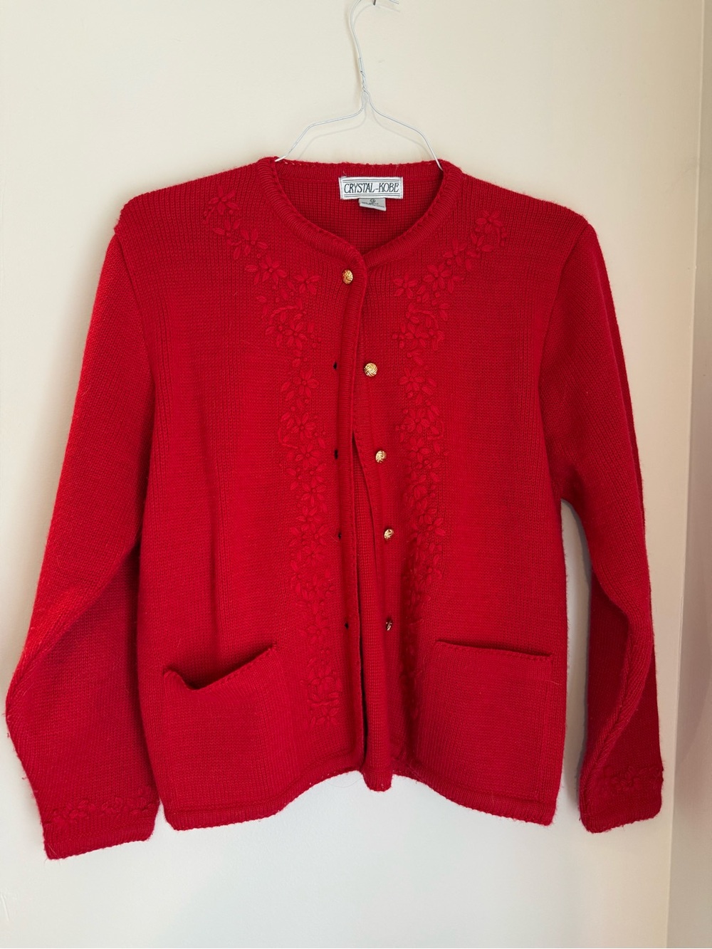 Vintage Red Crystal Kobe Floral Embroidered Button Cardigan Sweater